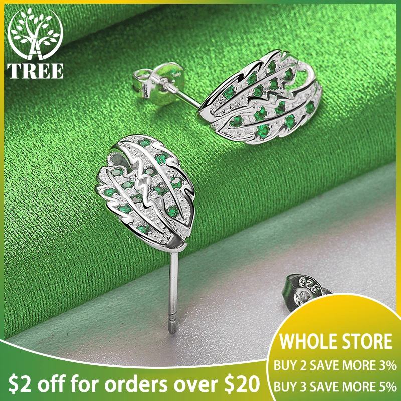 ALITREE 925 Sterling Silver Green Zircon Crystal Leaf Stud Earrings For Women Earring Lady Fashion Party Wedding Jewelry Gifts