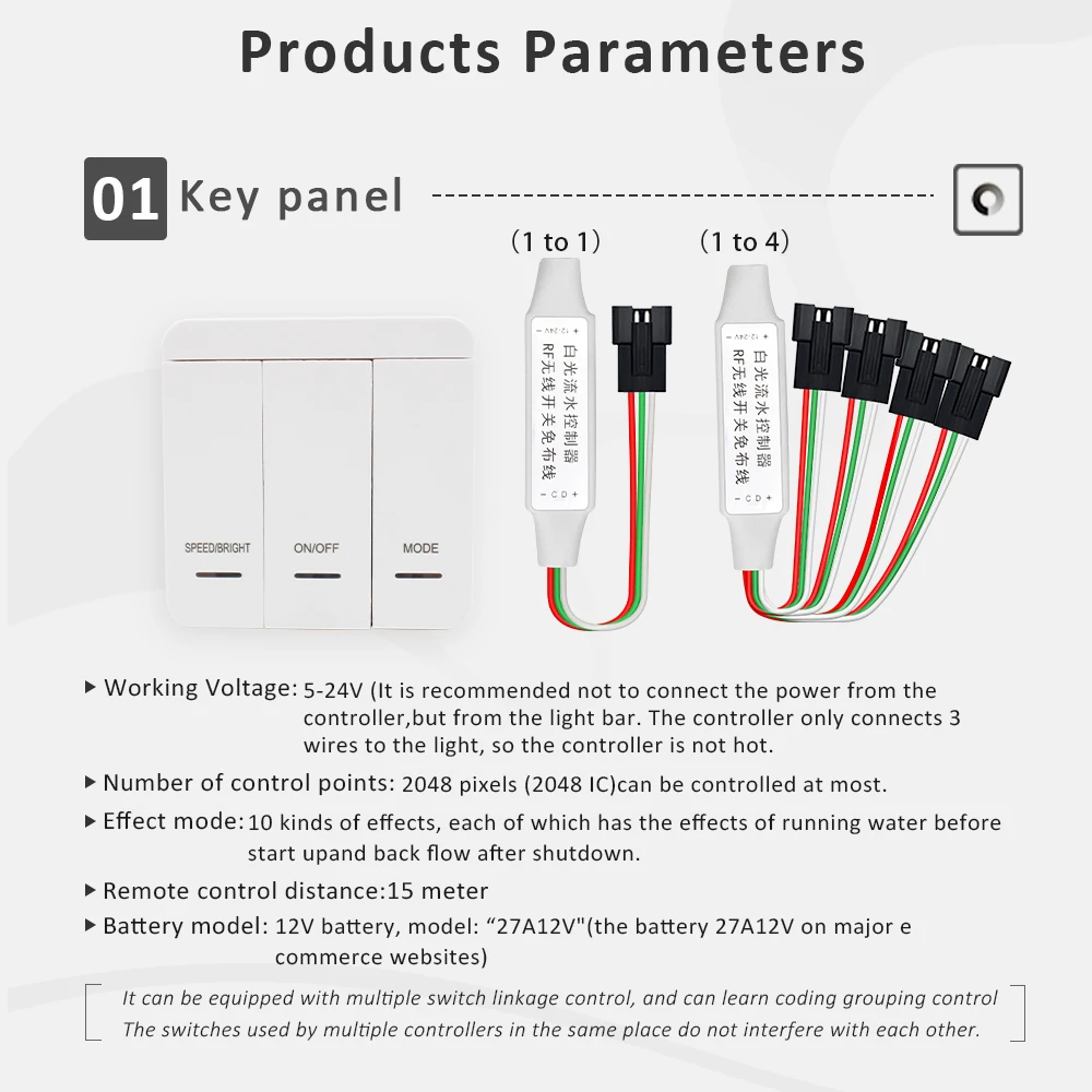 Tira de luces LED WS2811, controlador de 2048 píxeles, 3 teclas, Control remoto táctil, atenuador para 24V, lámpara de cinta que fluye agua corriente