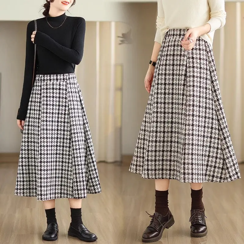 

2023 Autumn/Winter Plaid Woolen Skirt Women High Waist Retro Fashion Long Thickened A-Line Jupe Femme Faldas Mujer C073