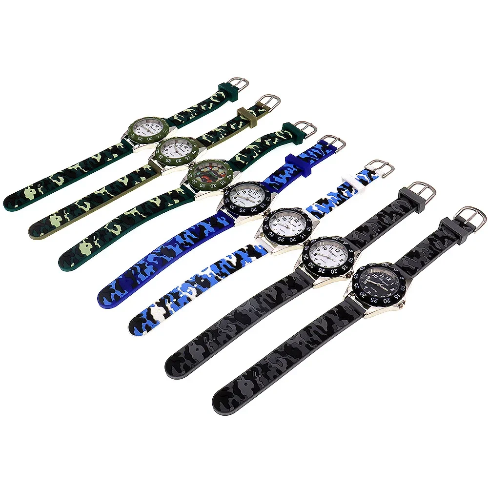 7Pcs Kids Quartz Wristwatch for Boys and Girls with Silicone Military Camouflage Strap Birthday Gift Students Watch