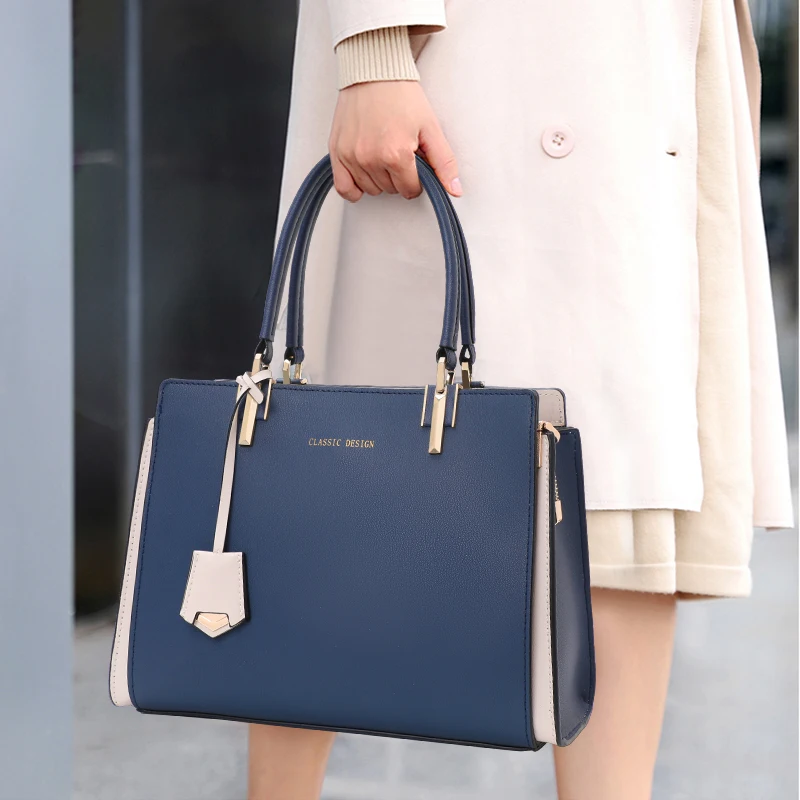 Genuine Cowhide Color Block Handbag Top Handle Detachable Cross Strap Multi Compartment Ladies Shoulder Bag Daily Work Travel
