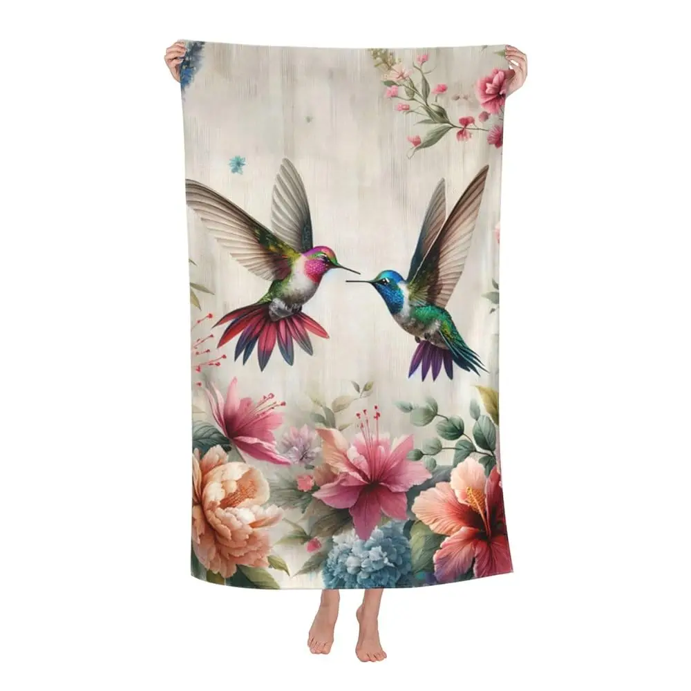 

Free Shipping Retro Hummingbird Beach Towel, 32x52in Microfiber Quick Dry Bird Floral Nature Flower Vintage Bath Towels, Soft Li
