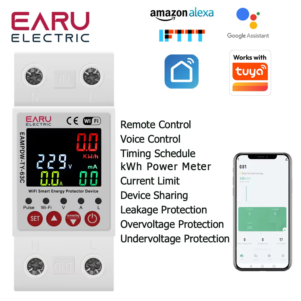 TUYA APP 2P 63A WiFi Smart Circuit Earth Leakage Over Under Voltage Protector Relay Device Switch Breaker Energy Power KWh Meter