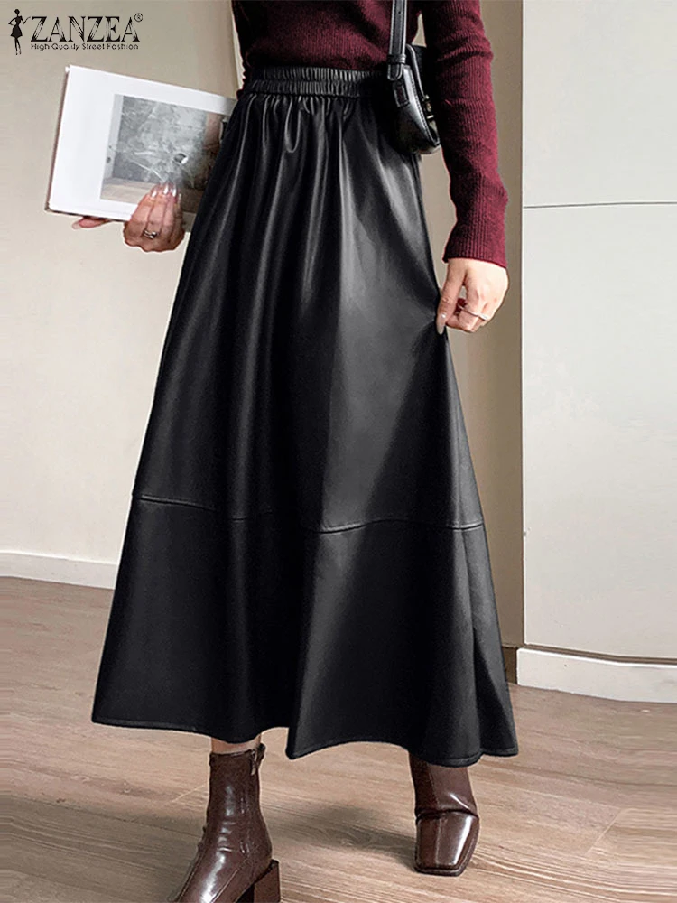 Eleganter übergroßer Urlaubs-Überrock ZANZEA Damen PU-Lederröcke Fashion Solid Long Maxi Jupe 2024, Herbst, elastische Taille, Faldas