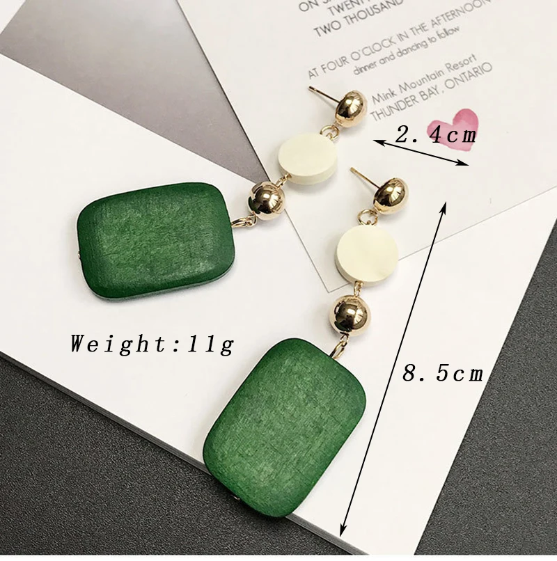 Trendy Statement Long Dangle Earrings for Women Green Wood Rectangle Drop Earrings Wedding Party Geometry Big Jewelry Gift