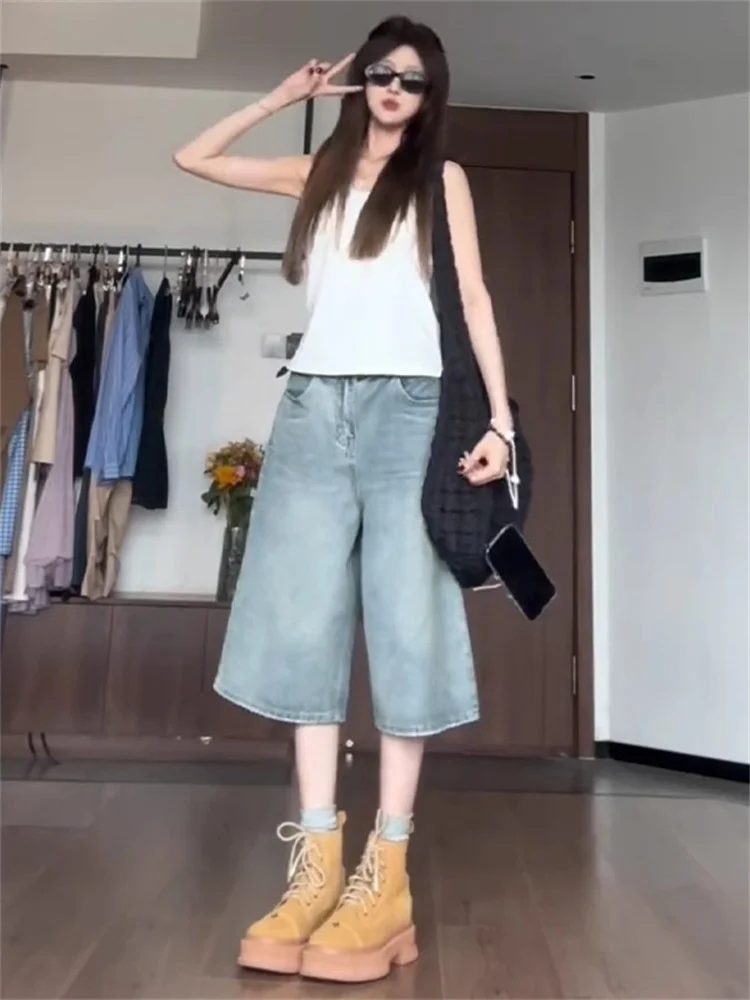 

High Waist Wide Leg Jeans Shorts Women's Spring Thin Straight Loose Fit Slimming Versatile 7/8 Length Trendy Shorts