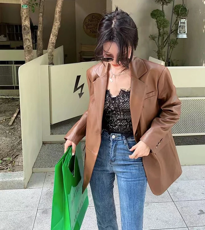 100% echtes Leder Frauen Oversize Stil Leder Blazer Jacken Mode Lässig Weiblichen Braunen A-ebene Schaffell Lose Anzug Mäntel