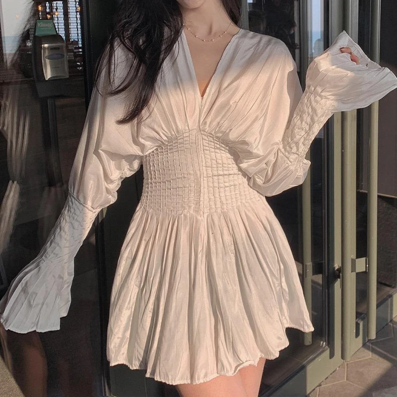 

HOUZHOU White Shirts V-Neck Pleated Short Dresses Elegant Casual Female Loose Lantern Full Sleeve Sexy Office Chiffon Mini Dress