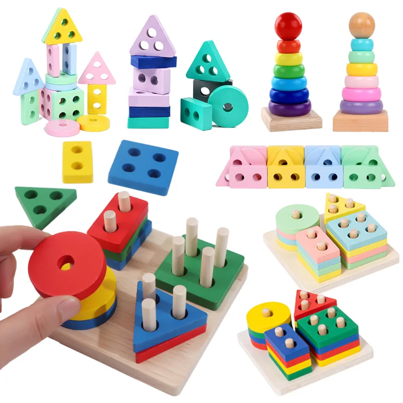 Children Wooden Montessori Developmental Toys Baby Early Education Toy Building Blocks Rainbow Tower Color Shape Cognition TMZ