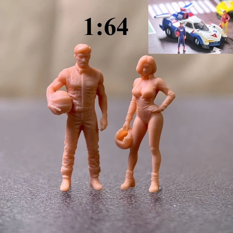 

1:64 scale white model racing driver themed male and female driver duo miniature doll painting ornament (height about 26-28mm)