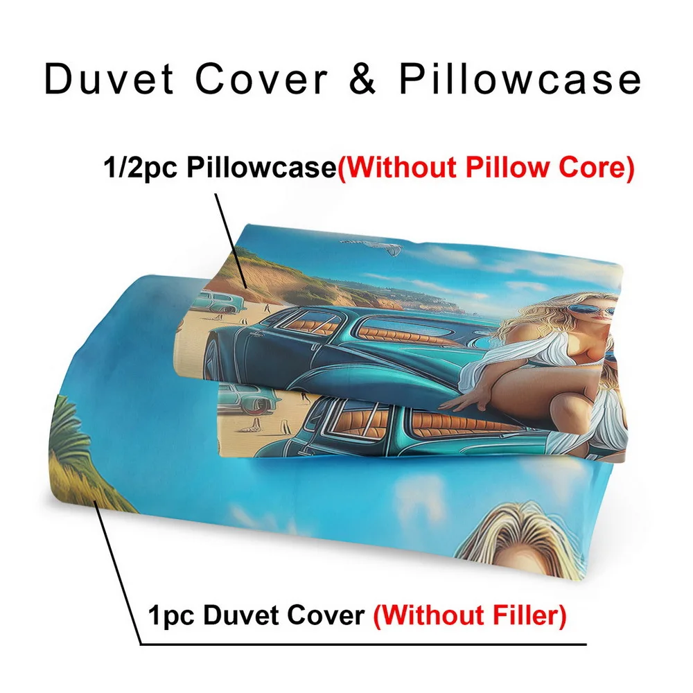 مجموعة واحدة من أغطية لحاف ذات طابع كرتوني لجمال الشاطئ الاستوائي - 2/3 قطعة، مفروشات بوليستر ناعمة قابلة للتنفس مع سحاب للإغلاق