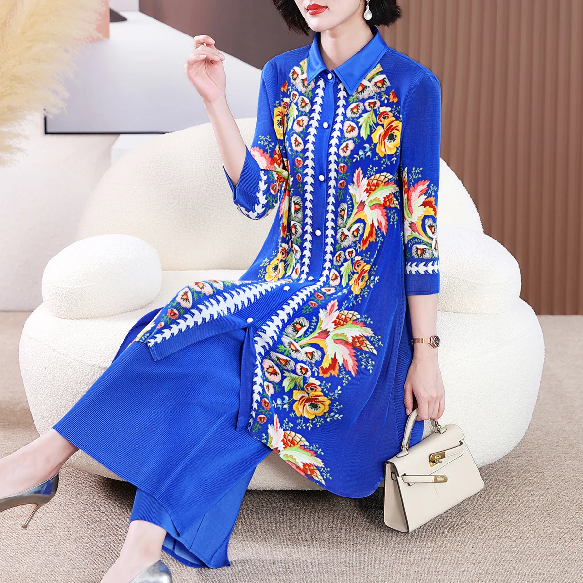 Miyake Middle-Aged and Elderly Women Retro Casual Pleated Suit Women's New Mom Summer Clothes Stylish Loose plus Size Two-Piece
