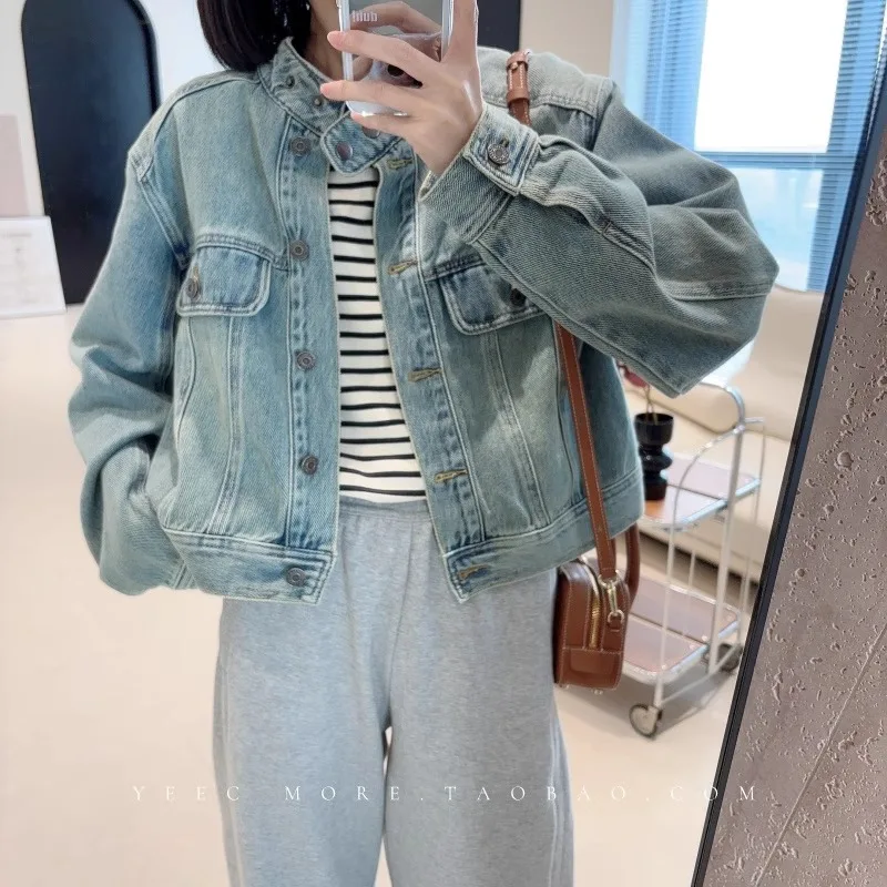 

2024 Retro Washed Short Stand-up Collar Women's New Slim Denim Jacket In Spring Button Long Sleeve Loose Solid Casual Pocket