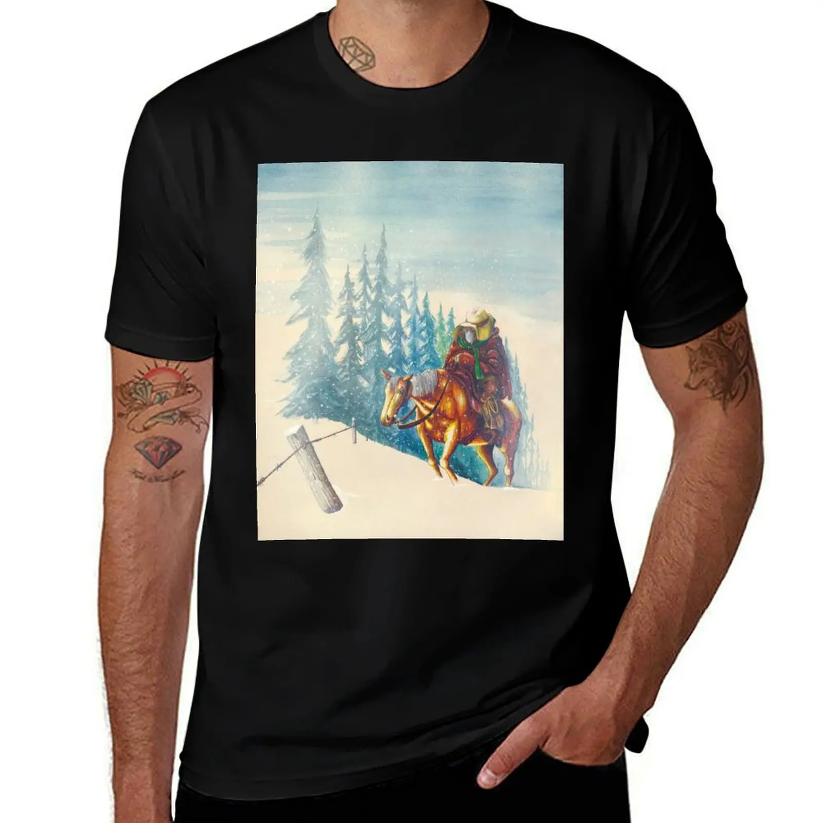 Winter Horse and Rider (The Picket Rider) T-Shirt Basic Crew Neck Short Sleeve Top T-Shirt
