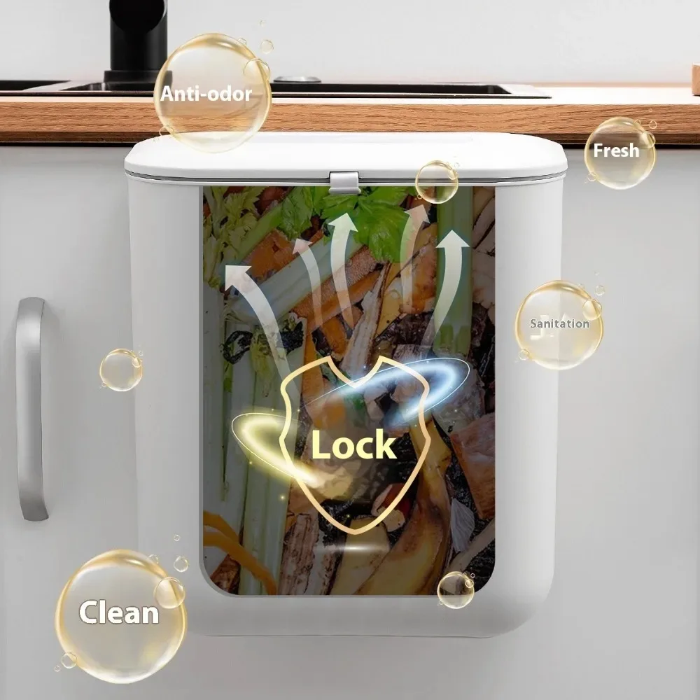 Tempat Sampah Dinding PP Tanpa Paku dengan Tutup, Model Tabung, untuk Dapur, Rumah Tangga, dengan Pegangan dan Tutup Dua Arah