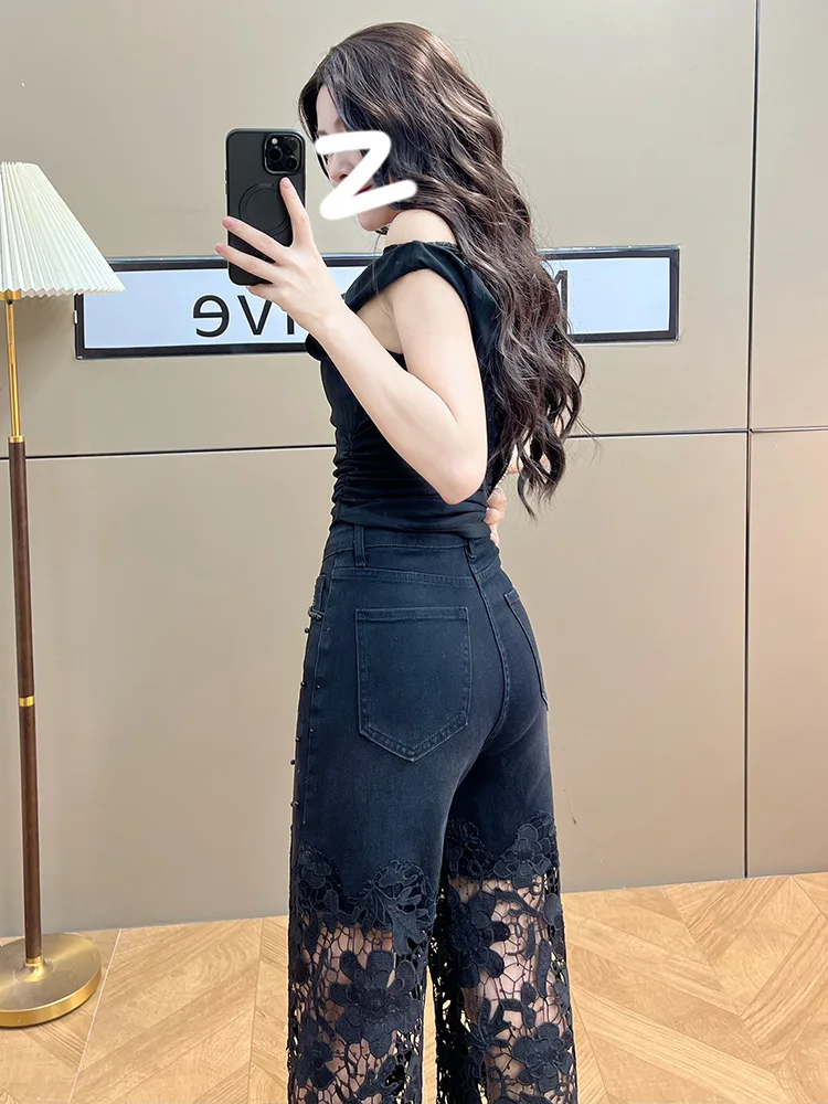 2025 여성 패치워크 진주 레이스 속이 비치는 바지 봄 여름 솔리드 컬러 하이웨이스트 와이드 레그 팬츠 여성 스트레이트 트라우저