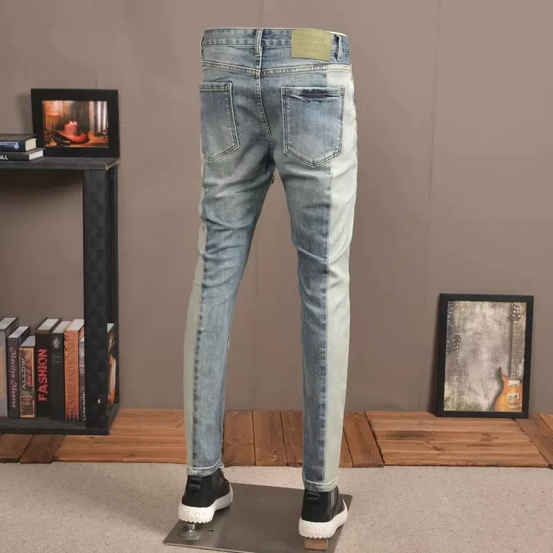 Streetwear Fashion Men Jeans Retro Blue Stretch Slim Fit Spliced Designer Ripped Jeans Men Patched Pocket Hip Hop Pants Hombre