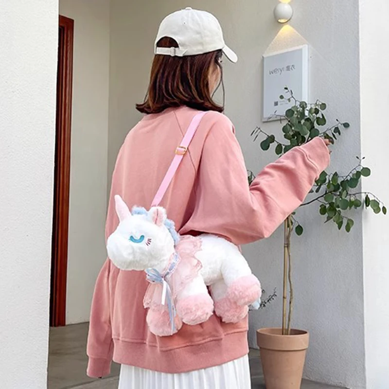 Lolita Unicorn White Horse Crossbody Bag Plush Toy Stuffed Doll Cartoon Animal Key Coins Phone Storage Package Boy Girl Gift