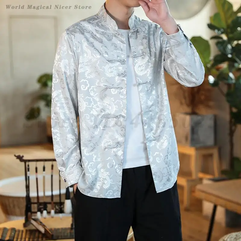 Men Chinese Dragon Shirt Coat Black Satin Mandarin Collar Tang Costume Top Large Size 5XL New Year Clothes Male Jackets Hanfu - Image 5