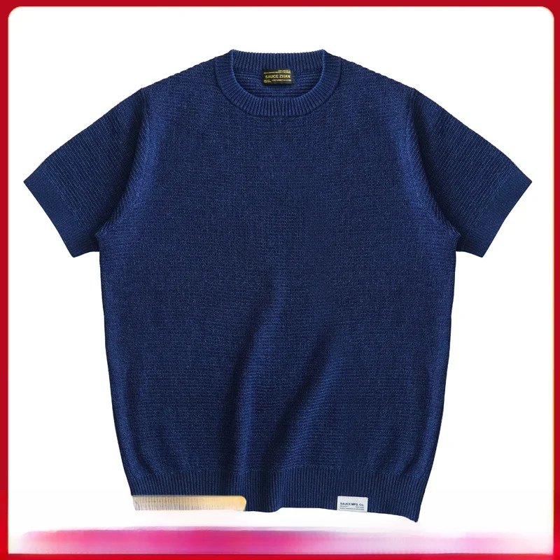 

Свободная трикотажная летняя футболка ort Sve round Ne Blue Dye Шерстяной трикотаж Американская ретро футболка цвета хаки для молодежи