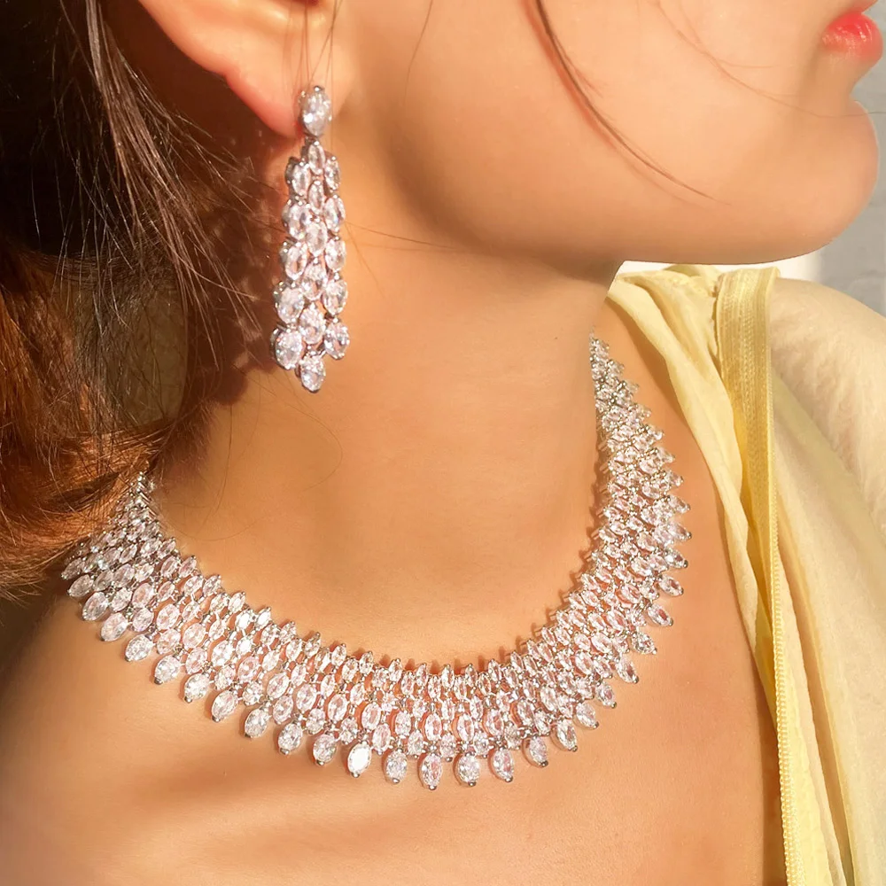 Pera Gorgeous Bridal Jewelry Set White CZ Stone Big Statement Choker Necklace Earrings for Brides Wedding Party Accessories J526