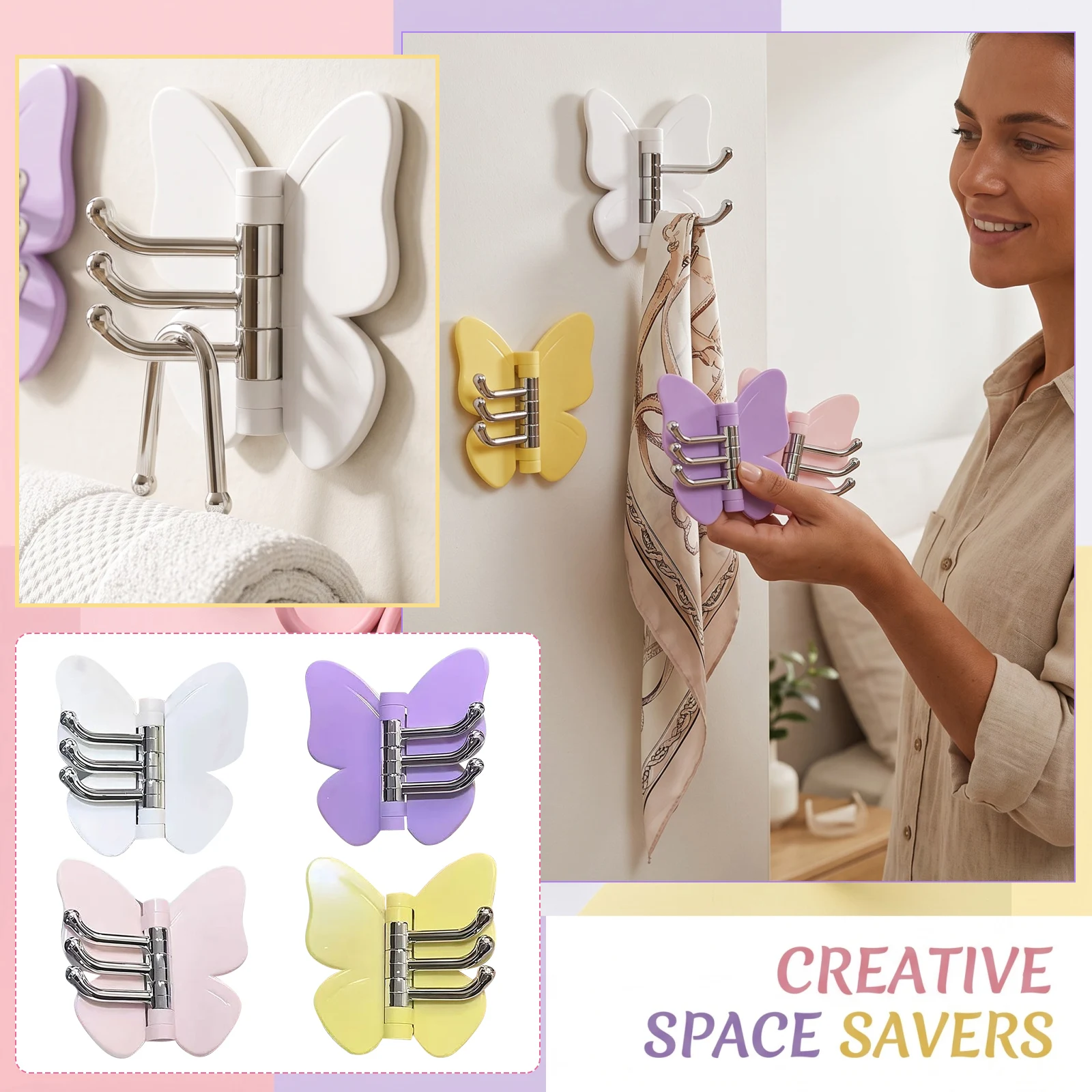 1PC Plastic Rotating Butterfly Wall Hook Self Adhesive Wall Mounted Butterfly Triple Hook Space Saving Living Room Bathroom Hook