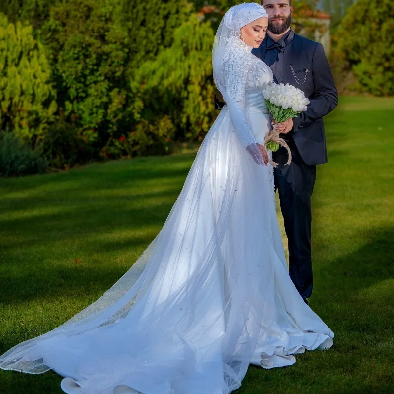 

Muslim Wedding Dresses High Neck Long Sleeves Mermaid Garden Bride Dress with Beading Bridal Gown Vestido De Noiva Customized