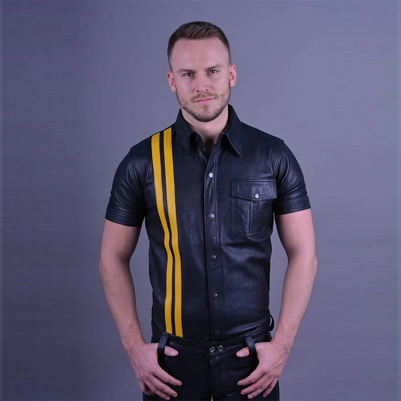 Men\'s Matte Leather Turn-down Collar Short Sleeve Jacket Shirt Male Striped Single Row Button PU Jacket Coat Top Clothing Custom