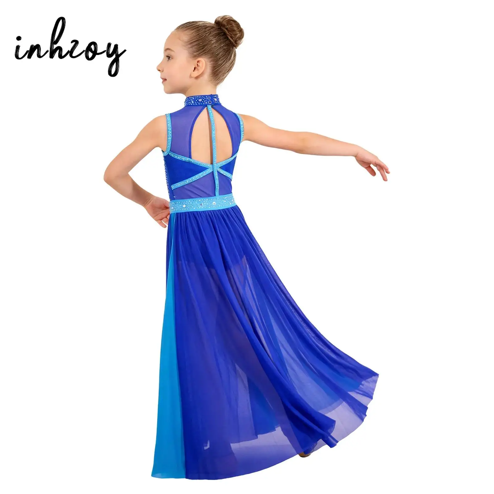 

Kids Girls Lyrical Dance Dress Sleeveless Cutout Back Rhinestone Maxi Dress for Performance Competition Talent Show Competition