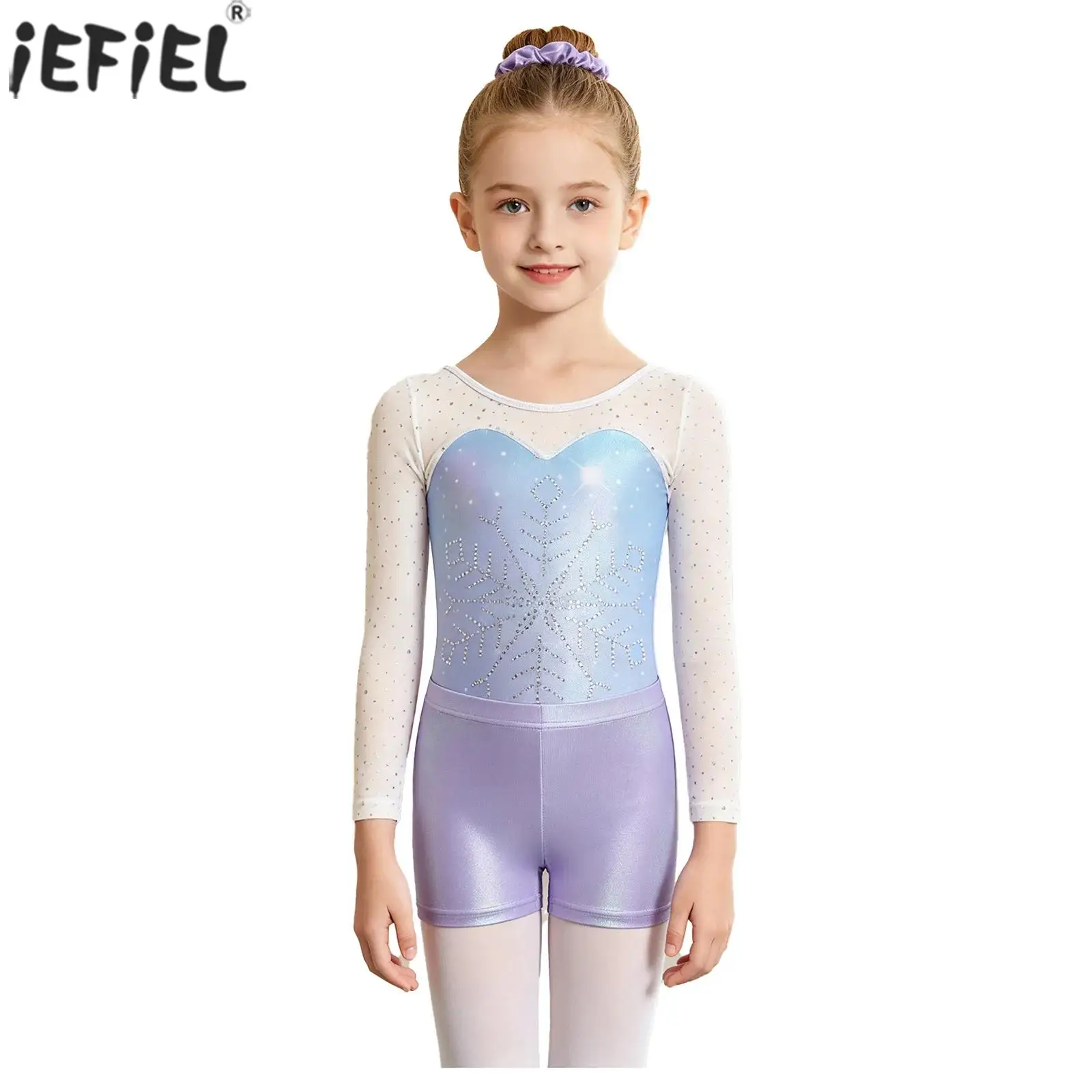Kids Girls Gymnastics Ballet Dance Outfit Long Sleeve Mesh Shiny Rhinestone Leotard with Shots Hairband for Training Performance
