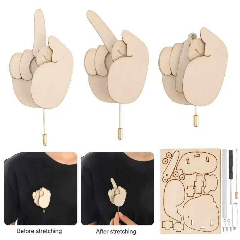 3pcs Funny Diy Handmad Brooch Funny Wooden Flippable Interactive Mood Expressing Finger Brooch Men Women Birthday Christmas Gift