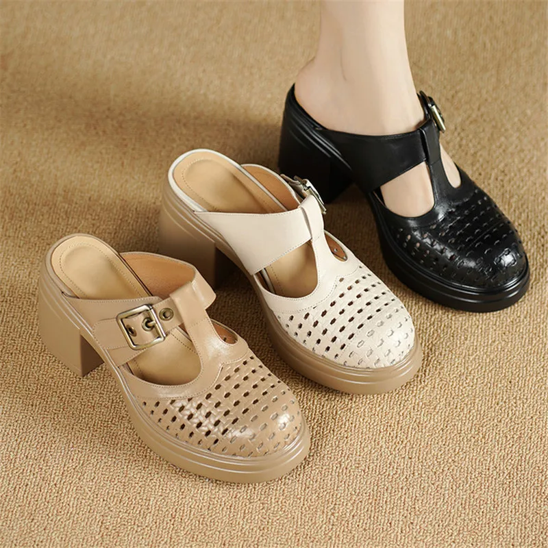

New Summer Slippers Genuine Leather Slippers for Women Fashion Hollow Out Mules Round Toe High Heels Cover Toe Slippers Sandals