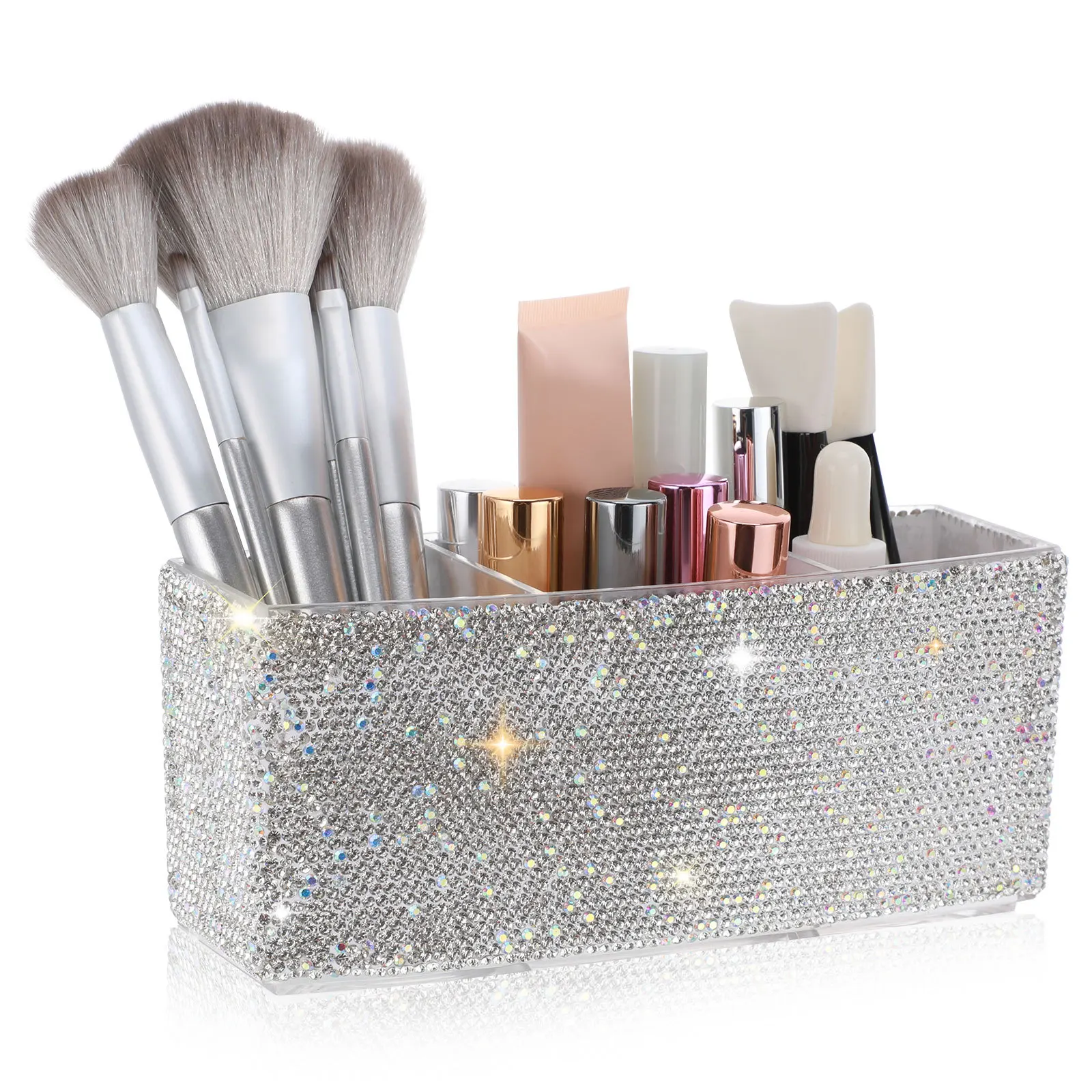 

Luxury Desk Organizer Bling Makeup Brush Case 3 Compartments Vanity Storage Box Holder Teen Girls Box with Compartments