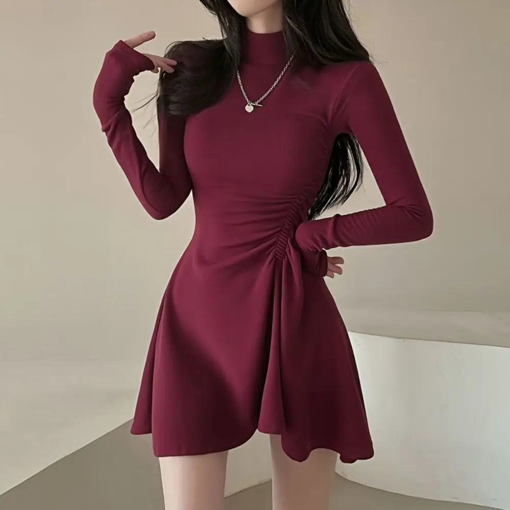 

Long Sleeved Christmas Red Dress Short Skirt A-line Girls Irregular Dress Half High Collar Pleated Slim Thin Dress Party