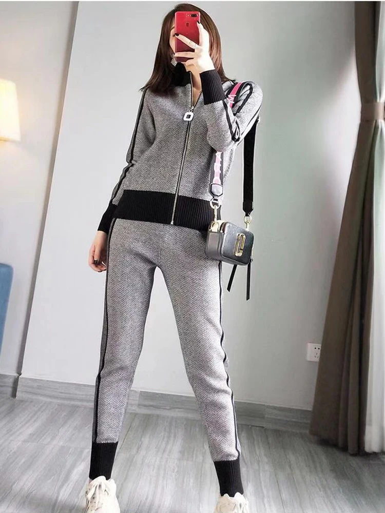 Vintage Knited Fall Winter Tracksuit New Casual Zip Jackets Coats Tops Conjunto Ankle Length High Waist Wide Leg Pantalones Suit