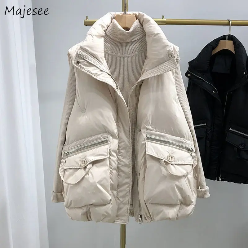 

Vests Women Simple Loose Solid Casual Outwear Chic Autumn Newly Ulzzang Fashion All-match Zip Up Pocket 4XL V-neck Winter Coats