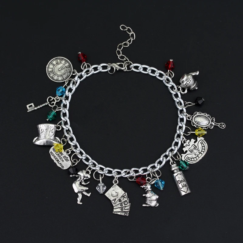 Alice in Wonderland Bracelets Cute Cheshire Cat Pendant Bangles Disney Movie Jewelry for Women Charm Beads Bracelets