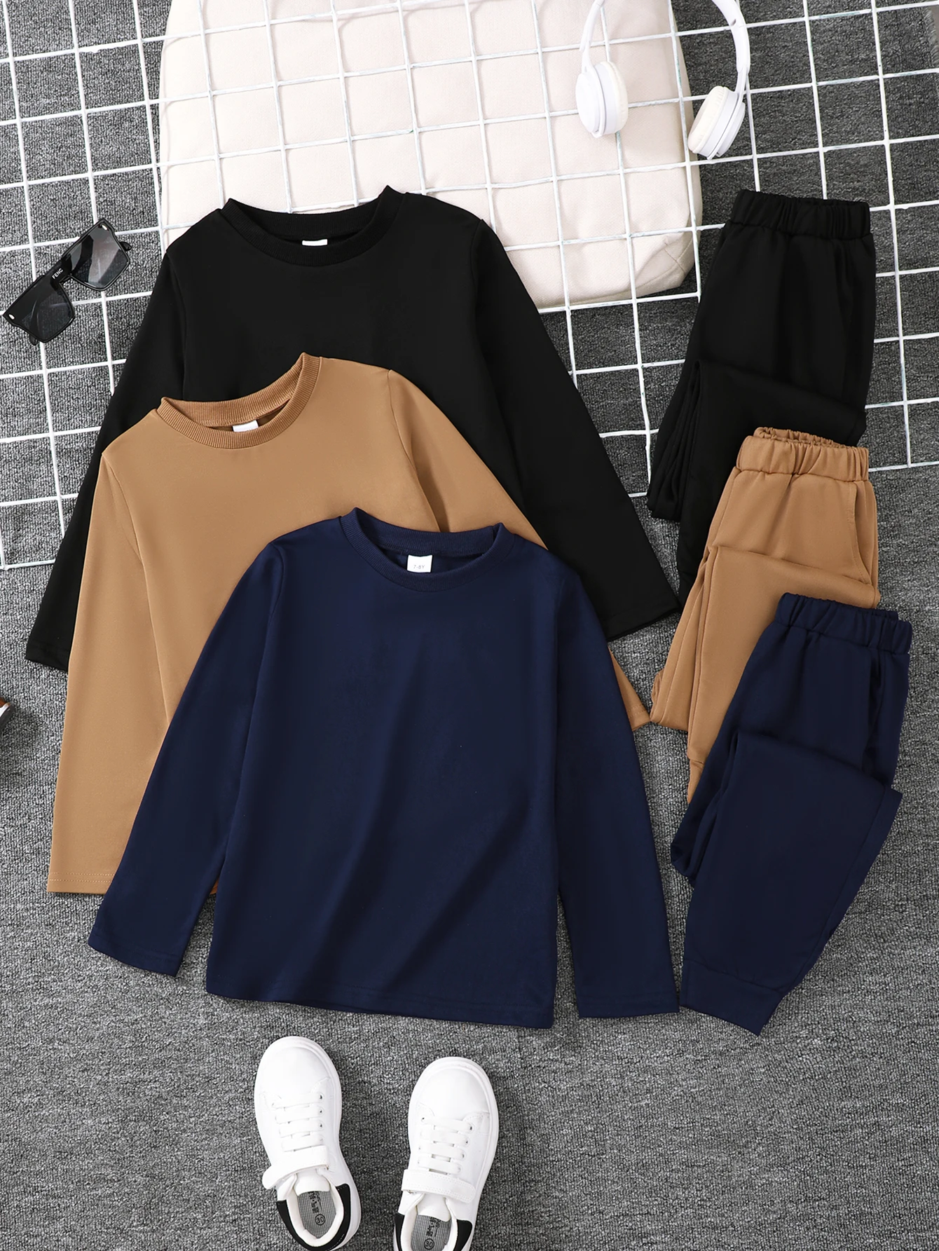 

6pcs boys' round neck solid color long sleeved pants 3 sets combination set, casual, comfortable and versatile 