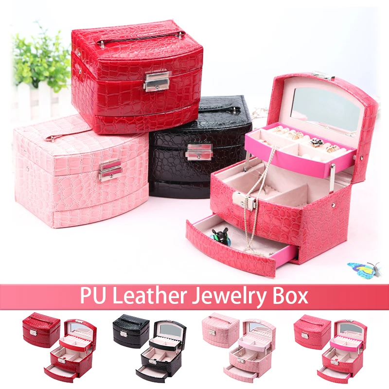 Women Pu Leather Portable Jewelry Box Packaging Makeup Organizer Storage Box Large Capacity Ring Necklace Earrings Storage