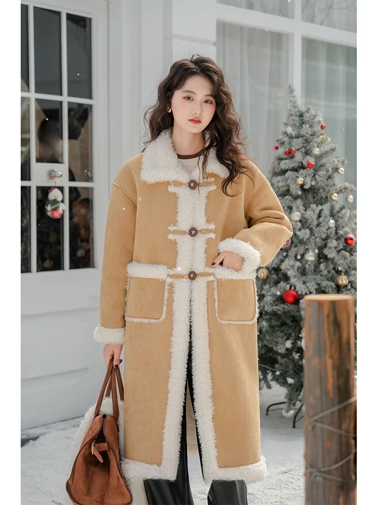 

Long Thiened Yellow Lamb Fur Coat Women's Autumn Winter New Sle Fce Lined Branch Roll Vintage Sle Coat