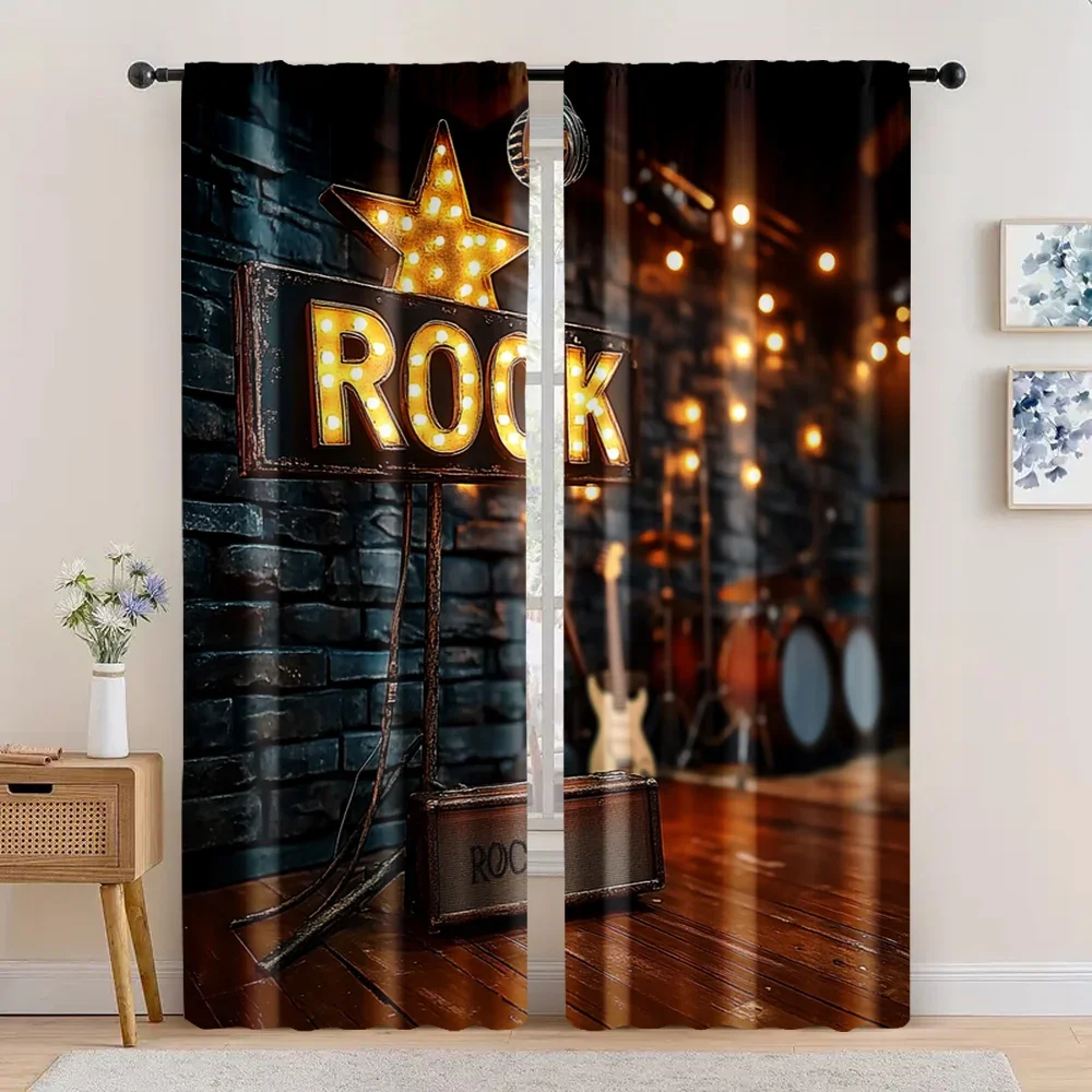 Rock Concert Curtain 2pcs Zipper Window Curtain for Living Room Bedroom Music Lover Stage Decor Vintage Style
