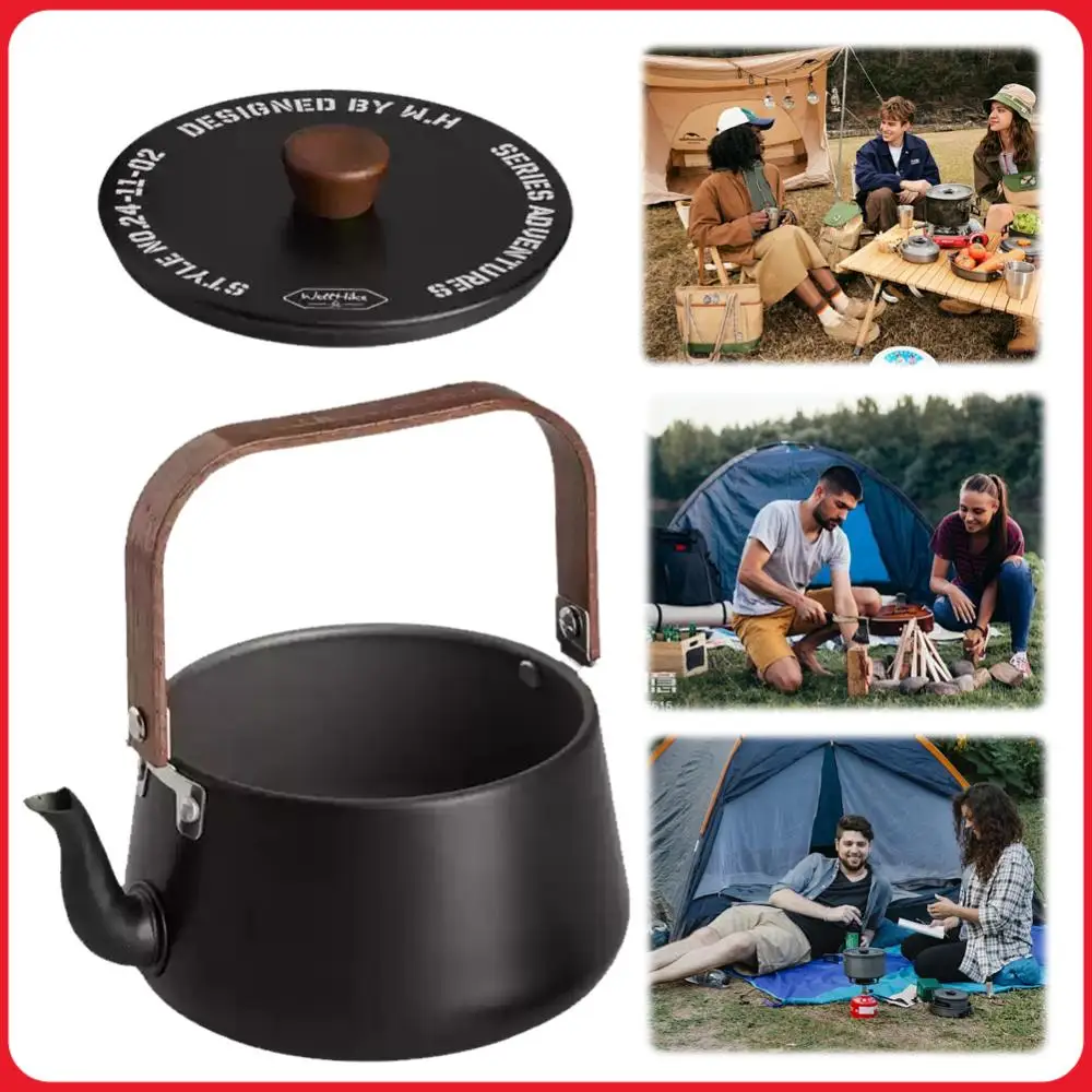 

1.1L Camping Water Kettle with Wooden Handle Outdoor Portable Teapot Boiling Stovetop Pot for Outdoor Travel Camping
