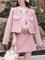 Elegant Slim Tweed 2 Piece Sets Women O-neck Single Breasted Jackets Tops Conjuntos Casual High Waist Short Skirts Outfit New