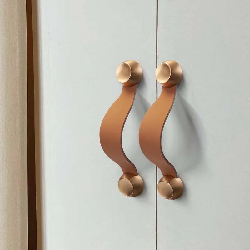 Uchwyt ze skóry bydlęcej Nowoczesny Prosty Nordycki Tatami Szafa Drzwi Szuflada Wkładany Uchwyt Skórzany Warstwowy Skórzane Gałki Antykolizyjne