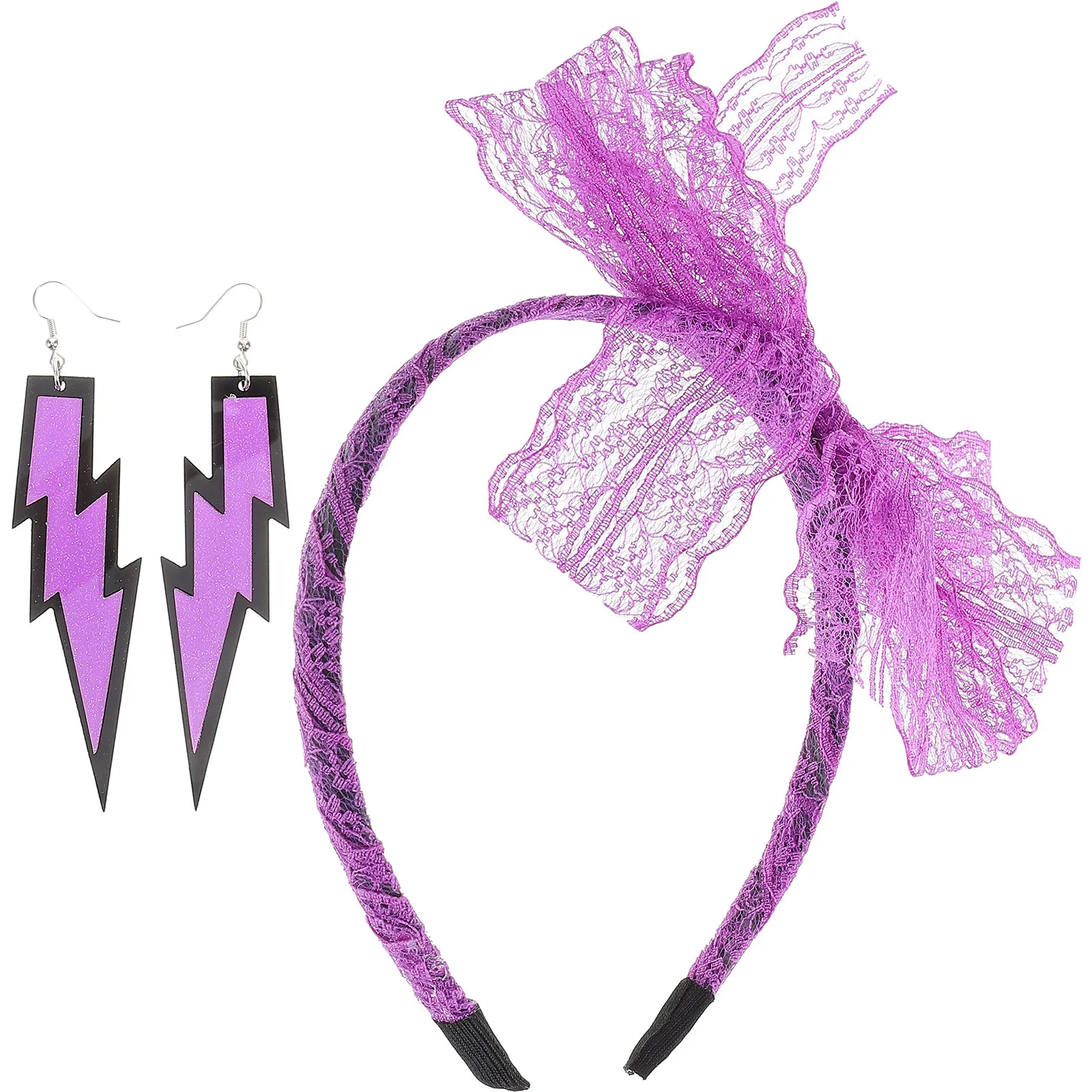 

Neon Lace Bow Headband Dainty Drop Earrings Set Women Halloween Party Accessories Neon Earrings Retro 80S Glow Party