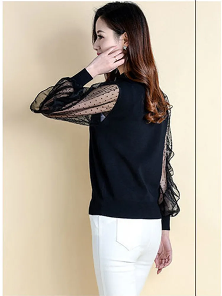 Sweet Hollow Out Princess Sleeve Beading Gauze Lace Blouses Female Clothing Spring Autumn Loose Korean Tops All-match Shirts