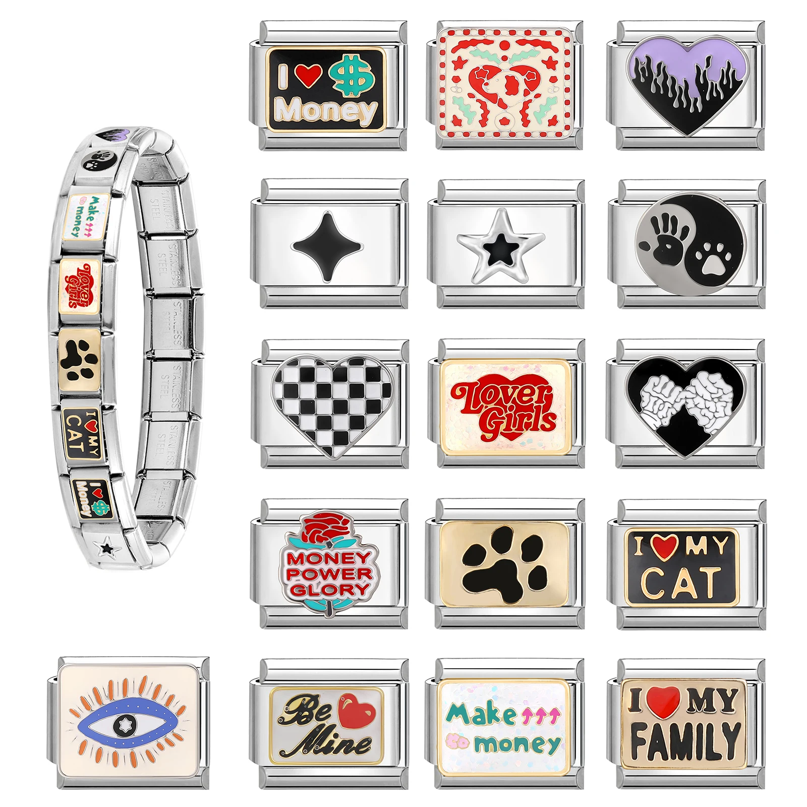 Creative Design I Love Cat Family Be Mine Checkered Heart Star Italian Charm Fit 9MM Stainless Steel Bracelet DIY Making Jewelry
