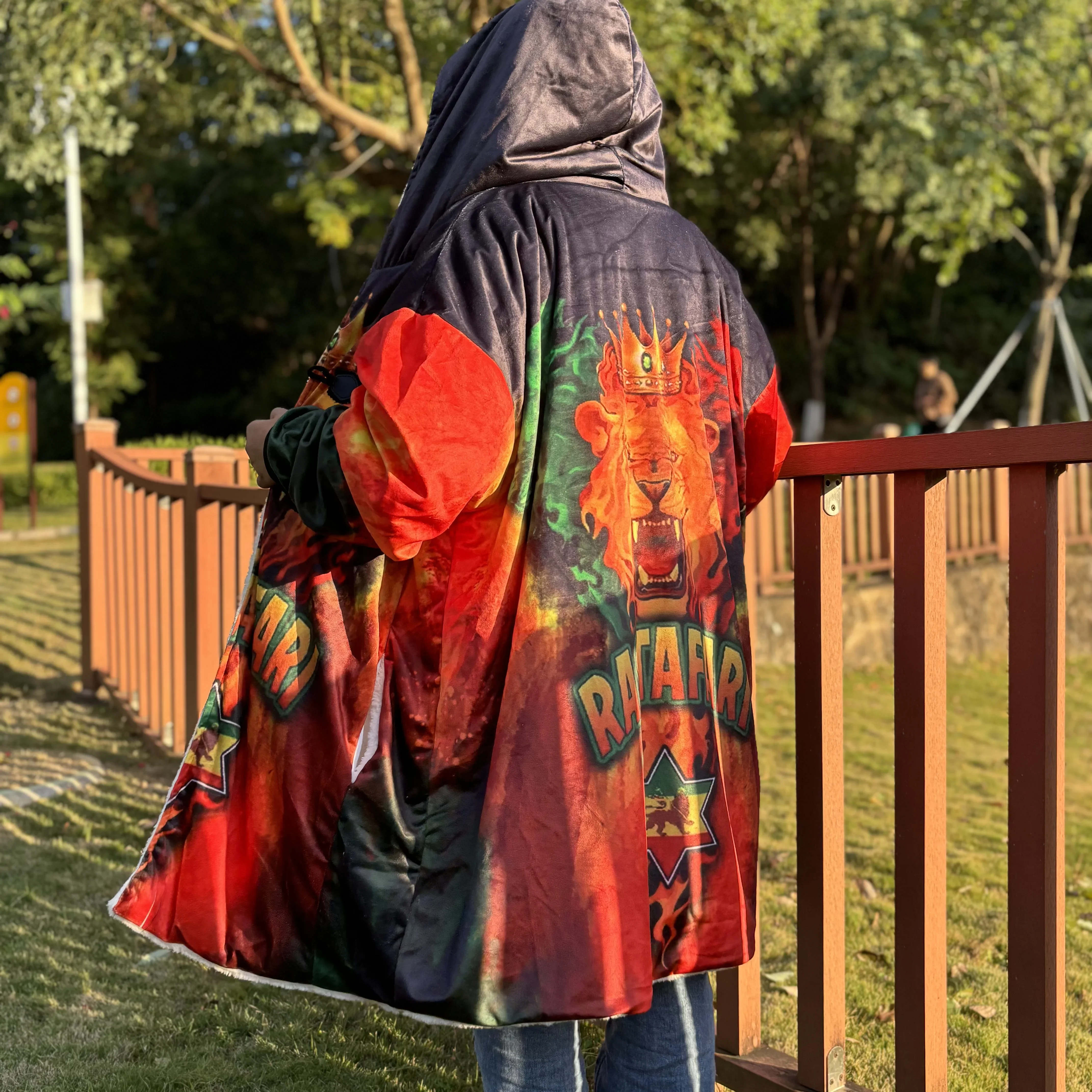 

Rastafari Reggae Lion American Rock Print Hoodie Long Hooded Blanket Cloak Quilted Winter Warm Cashmere Fleece