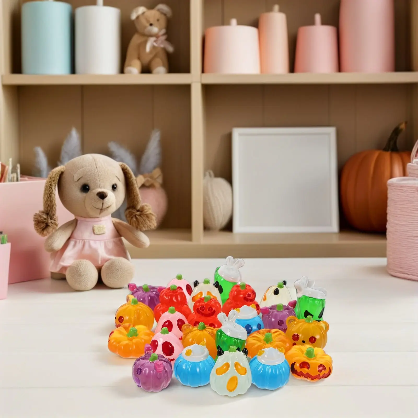 24Pcs Glow in The Dark Mini Halloween Resin Pumpkin Ghost Micro Landscape Ornaments Indoor Party Decorations Mini Ghost Set