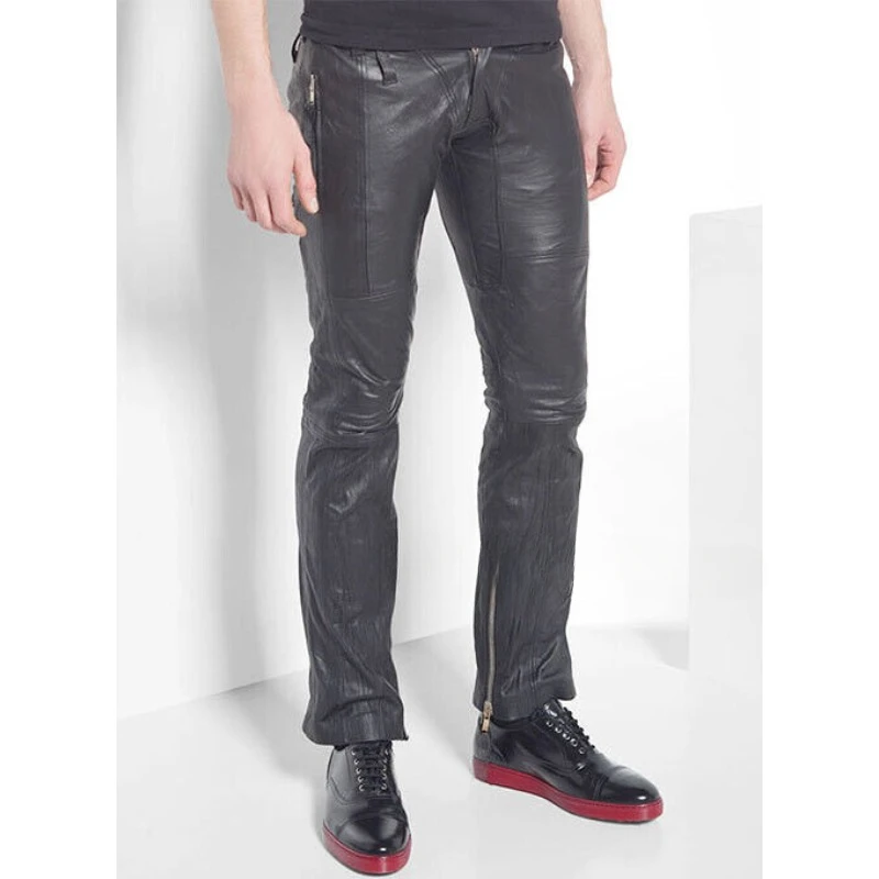 Men's Zipper Fashionable Genuine Sheepskin Leather Pants Disco Club Pants